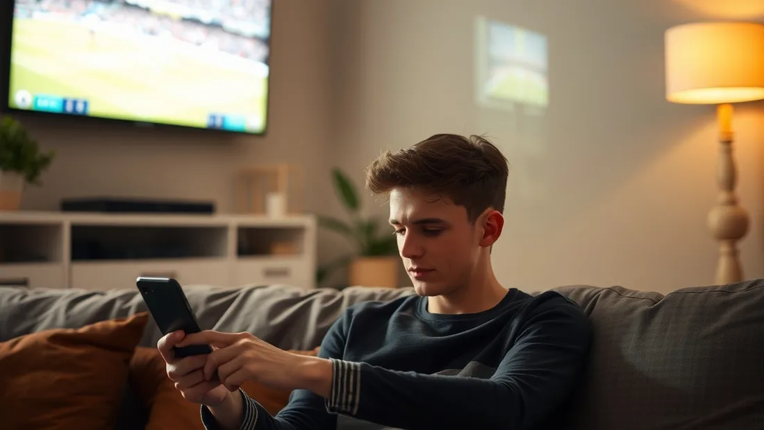 Parieur consultant son smartphone devant un match de football diffusé à la télévision