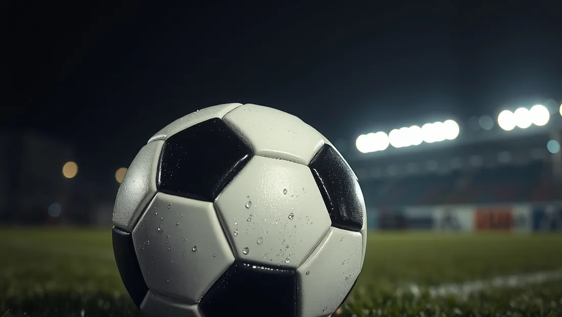 Ballon de football posé sur la pelouse d’un stade éclairé de nuit
