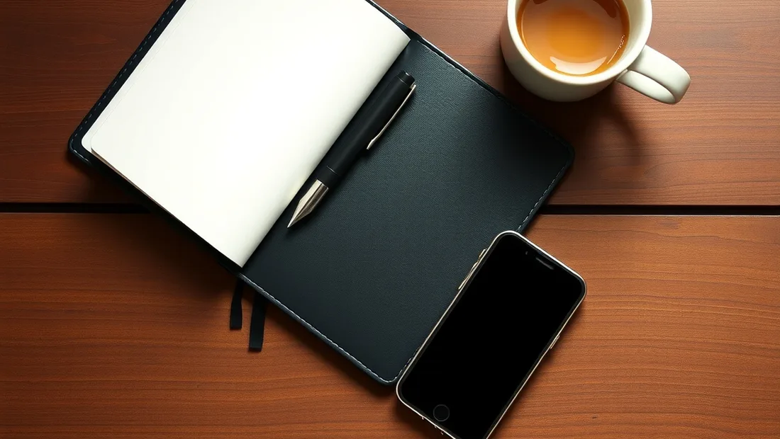 Carnet, stylo, smartphone et tasse de café posés sur une table en bois